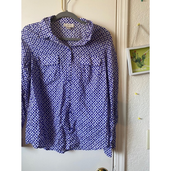 LOFT Tops - LOFT Women's Small Blue Yellow Geometric Print Long Sleeve‎ Button Down Shirt